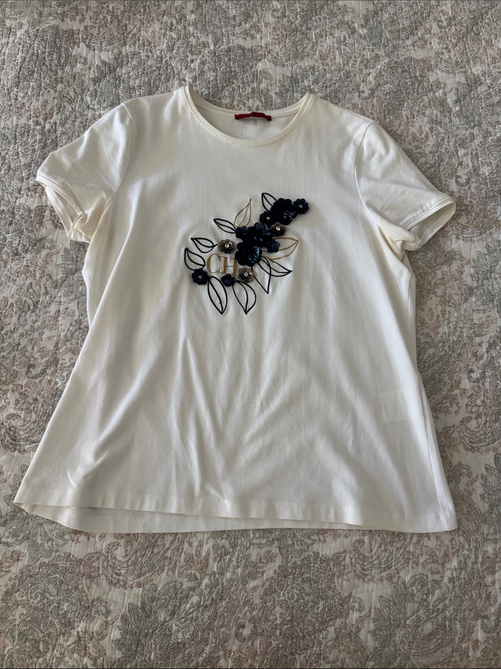 Carolina Herrera Cream Short-Sleeve Top with Navy Floral Appliqué